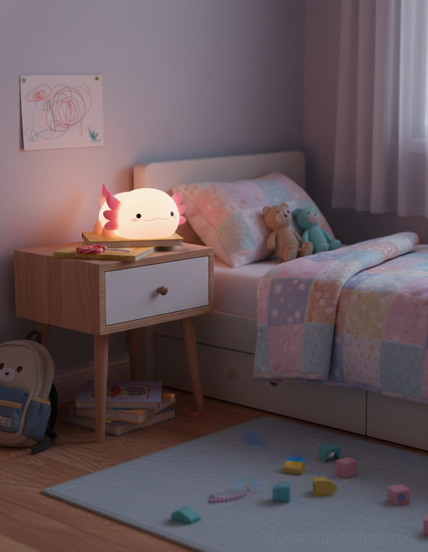 Soft pink axolotl LED light in playful children's bedroom with warm glow, kid-friendly room decor
