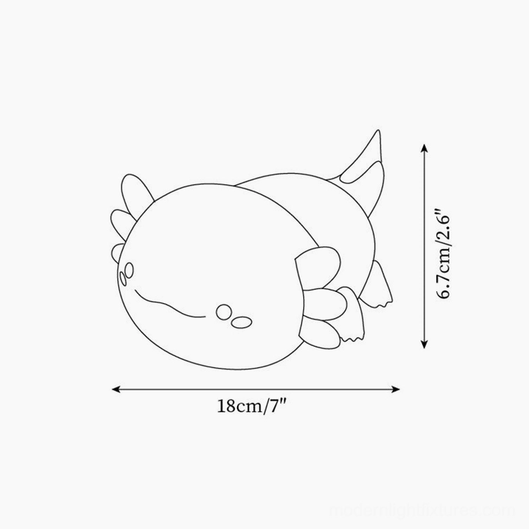 Axolotl night light technical specifications and product dimensions diagram, 18cm width 6.7cm height