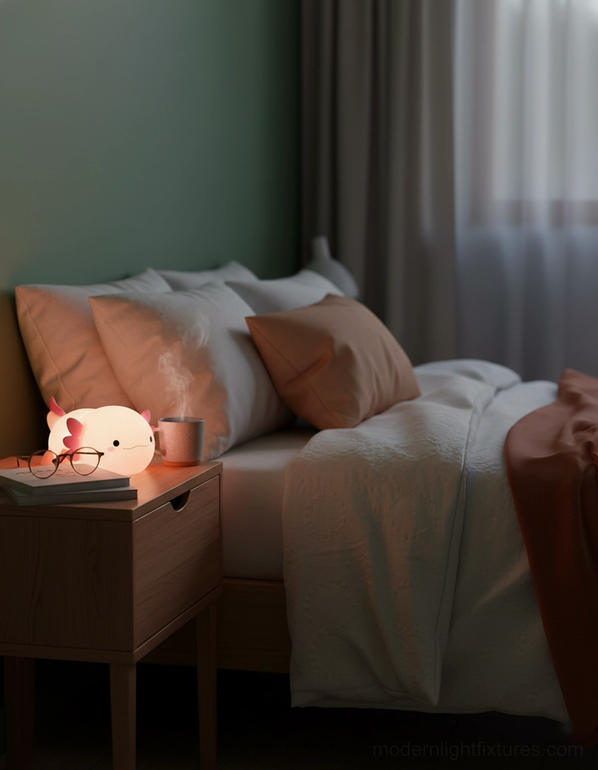 Axolotl silicone night light on wooden bedside table in modern cozy bedroom interior setting