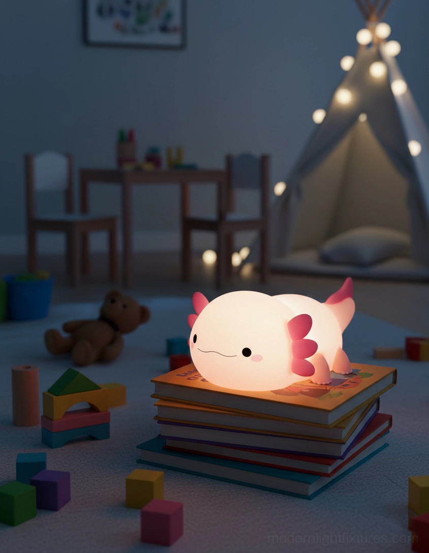 Axolotl-shaped silicone night light product display, pastel pink LED lamp overview