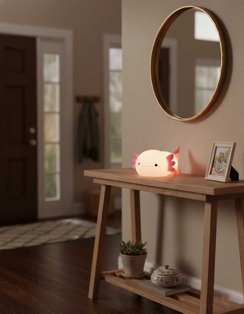 Compact pink axolotl light fixture with USB Type-C charging port and touch switch control