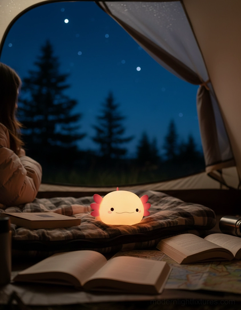 Axolotl camping light with warm soft glow inside tent at night, outdoor adventure lighting