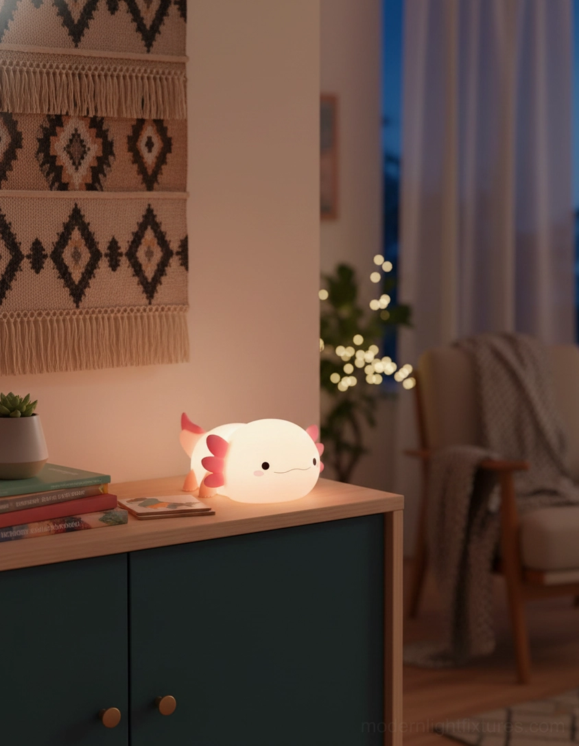 Adorable axolotl LED table lamp in soft pink with integrated warm white light feature