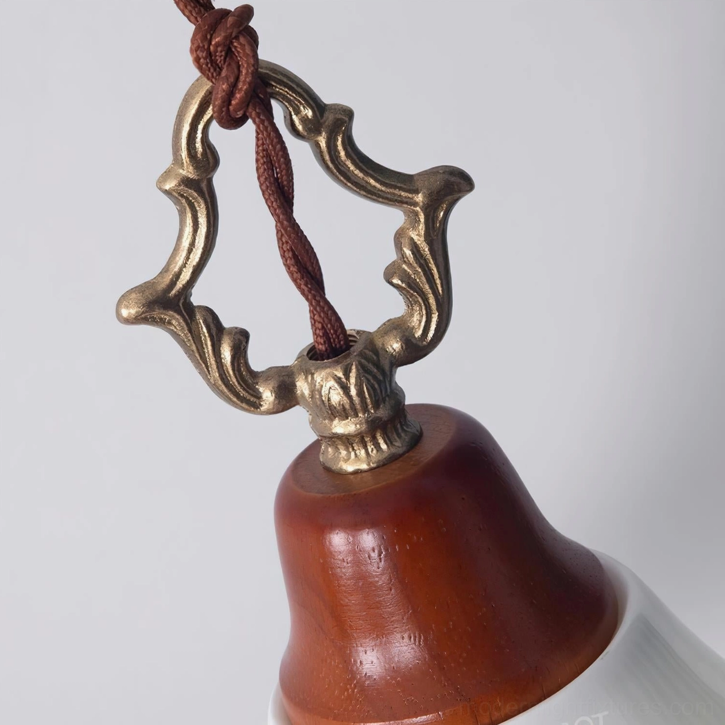 Azalea pendant lamp cord and hardware detail macro shot showing twisted brown fabric cord and ornate vintage brass fitting