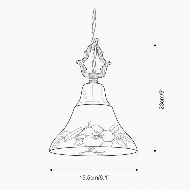 Azalea ceramic pendant lamp technical line drawing showing dimensions 15.5cm diameter and 23cm height with floral sketch