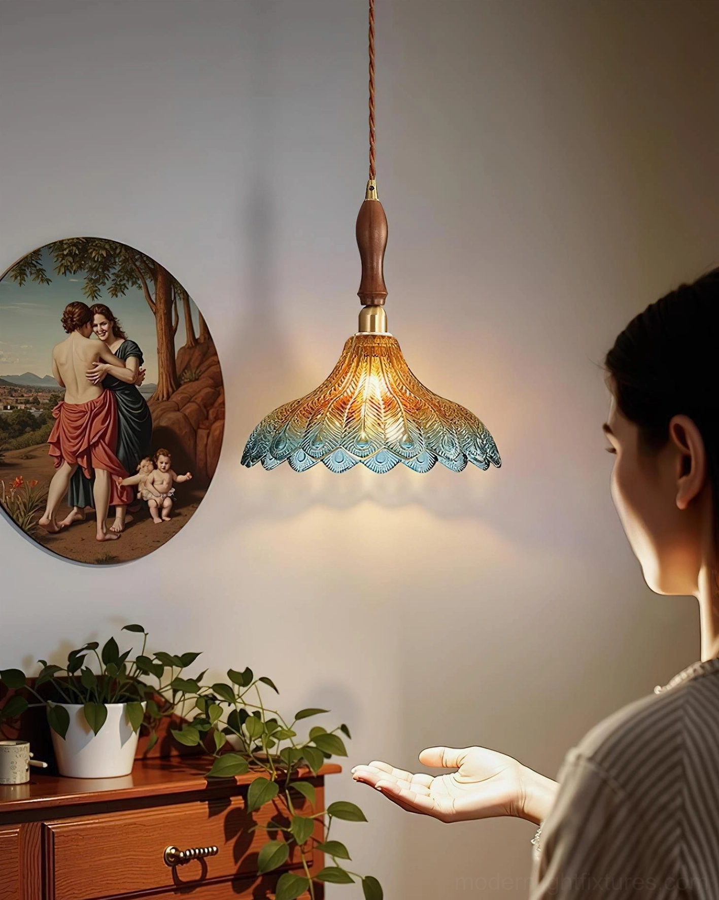 Azure Jewel pendant light fixture showcasing artistic glass work and brass hardware craftsmanship
