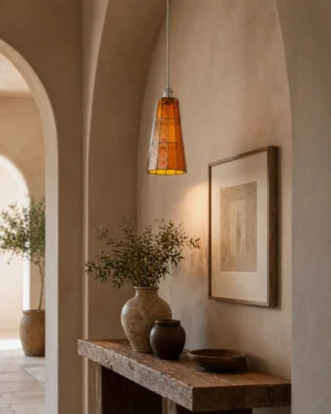 Azurielle amber stained glass cone pendant light in Mediterranean hallway interior design
