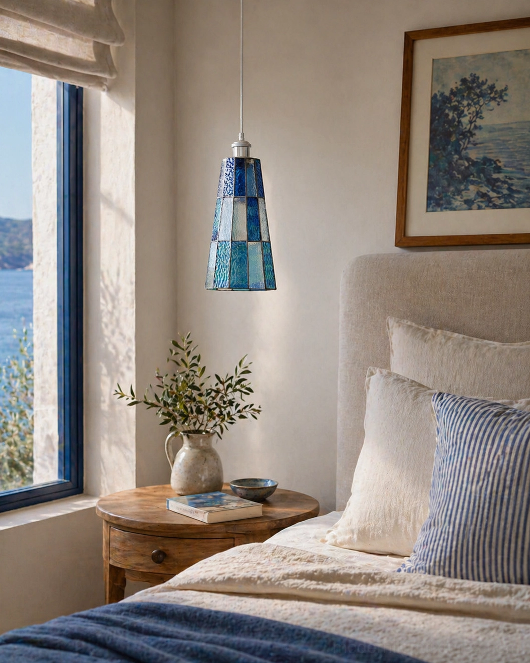 Azurielle blue textured glass pendant light in coastal style bedroom with boho decor