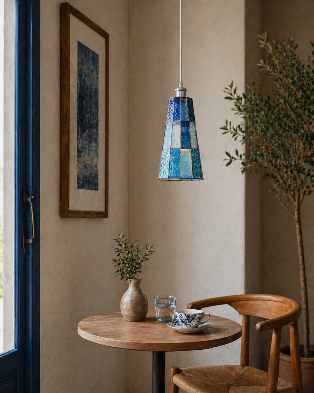 Azurielle blue patchwork stained glass cone pendant in coastal cafe style dining space