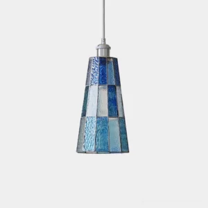 Azurielle blue patchwork stained glass pendant light with chrome hardware, front view studio product shot