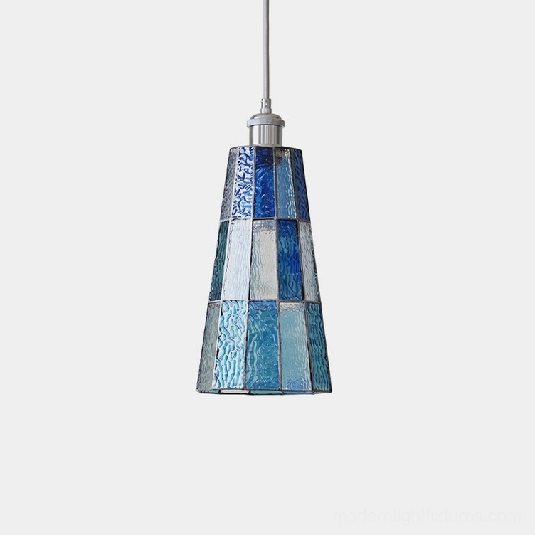 Azurielle blue patchwork stained glass pendant light with chrome hardware, front view studio product shot