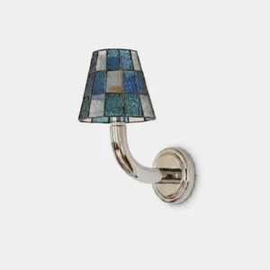 Azurielle stained glass wall sconce with blue checkered shade and polished chrome arm, front view studio shot