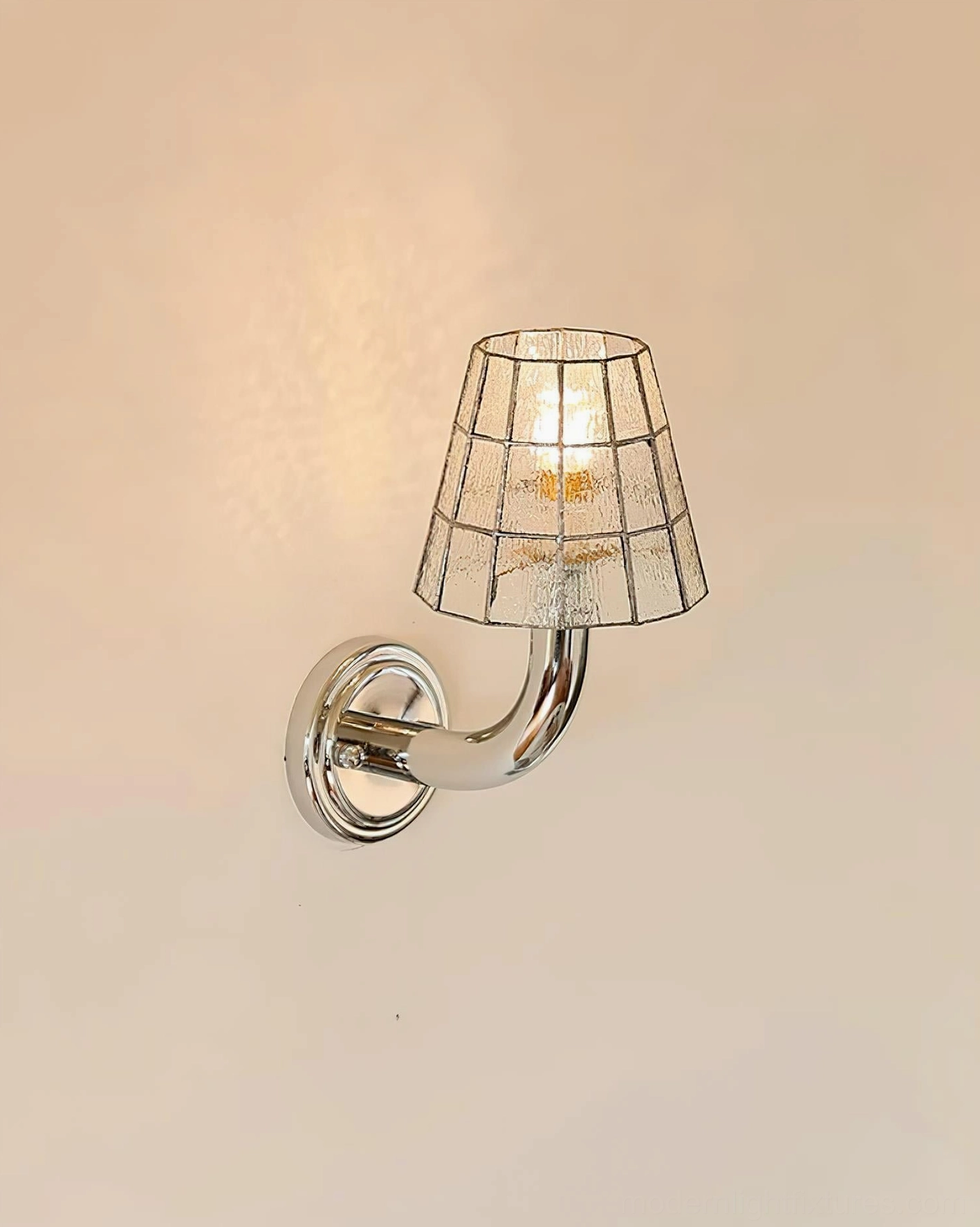 Azurielle stained glass wall sconce architectural detail showing polished chrome arm and glass composition