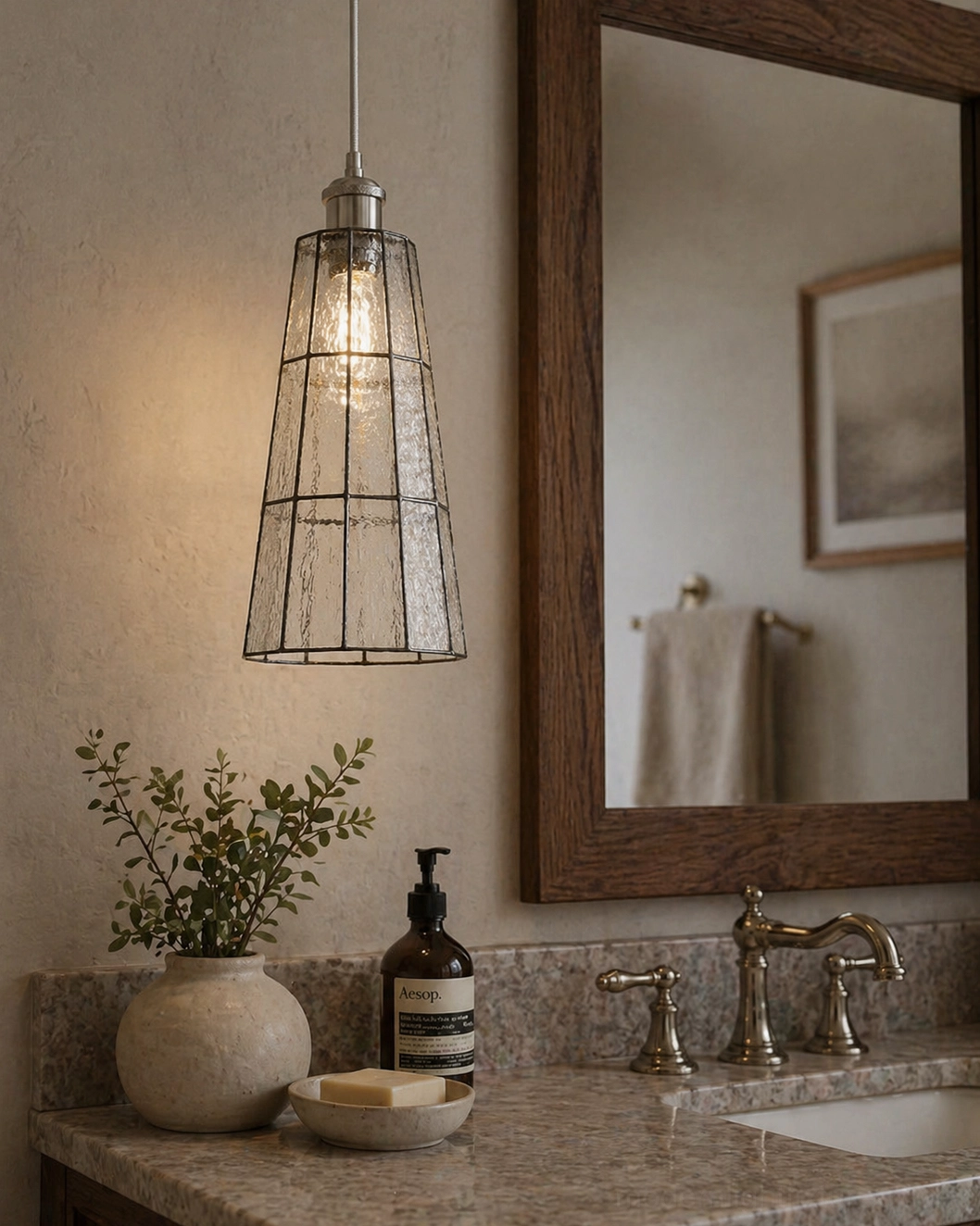 Azurielle clear wire-caged glass pendant light in bathroom vanity modern interior