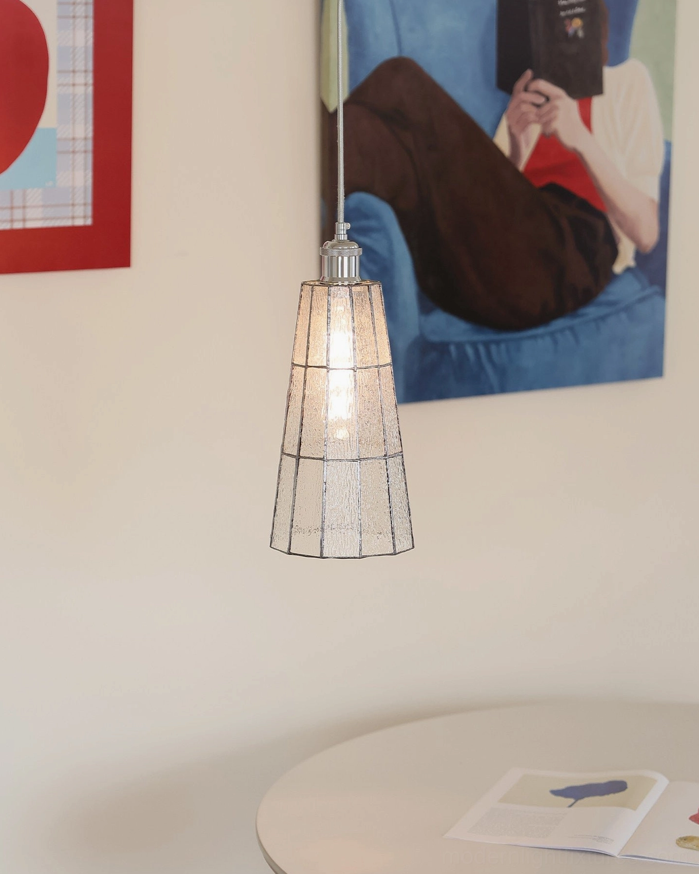 Azurielle clear glass pendant with geometric frame in minimalist modern dining nook