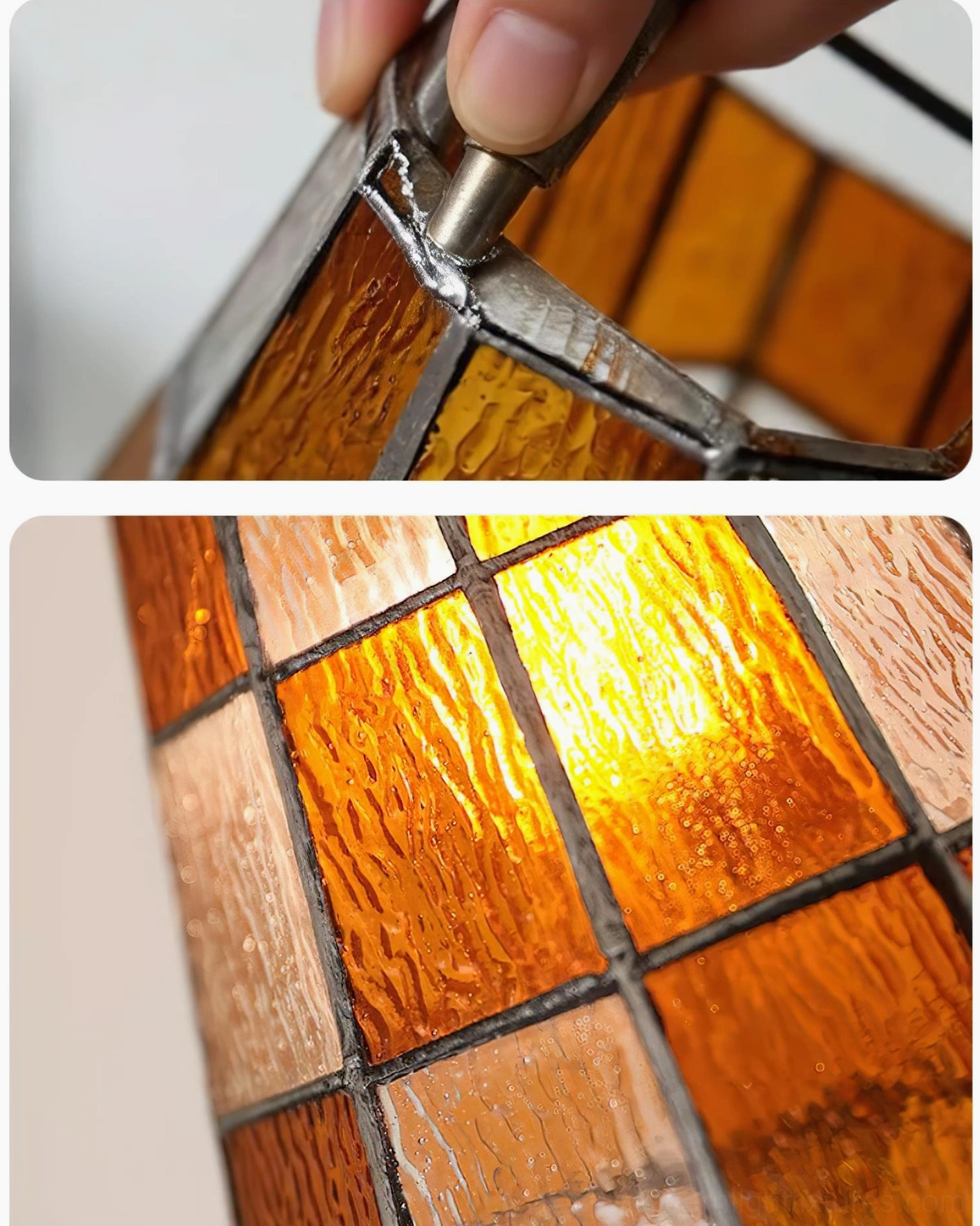 Macro detail shot of Azurielle amber stained glass panels showing lead caming joints and textured rippled glass