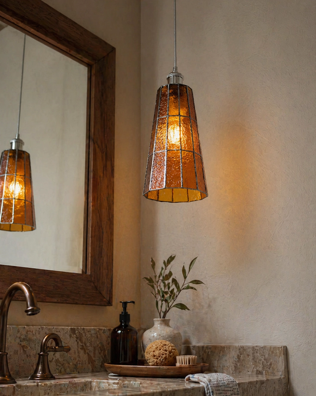 Azurielle handcrafted stained glass pendant light color and texture detail close-up