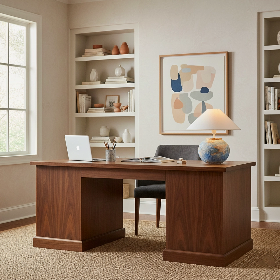 Bailey handcrafted ceramic lamp in modern home office with neutral boho interior design