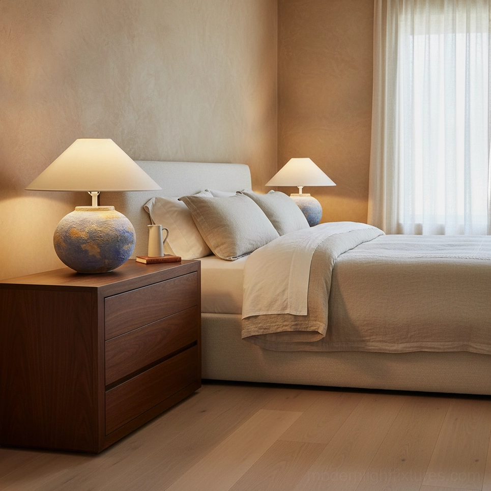 Bailey table lamp artistic ceramic base detail showing impressionist blue and terracotta texture