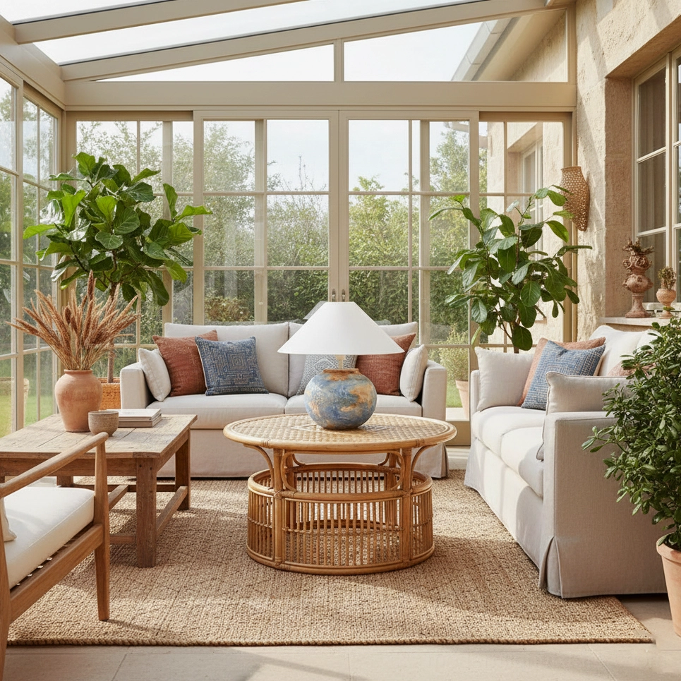 Bailey textured ceramic lamp as sunlit conservatory decor on rattan coffee table
