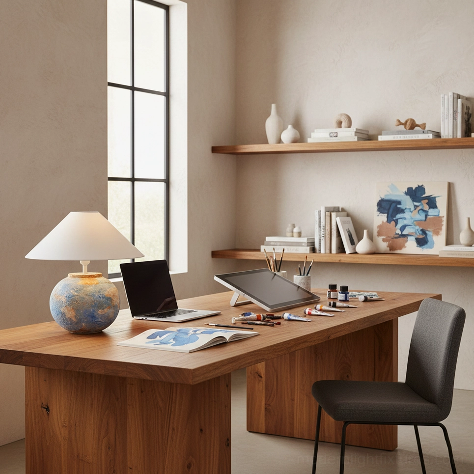 Bailey ceramic table lamp in minimalist home office on wooden desk with warm lighting