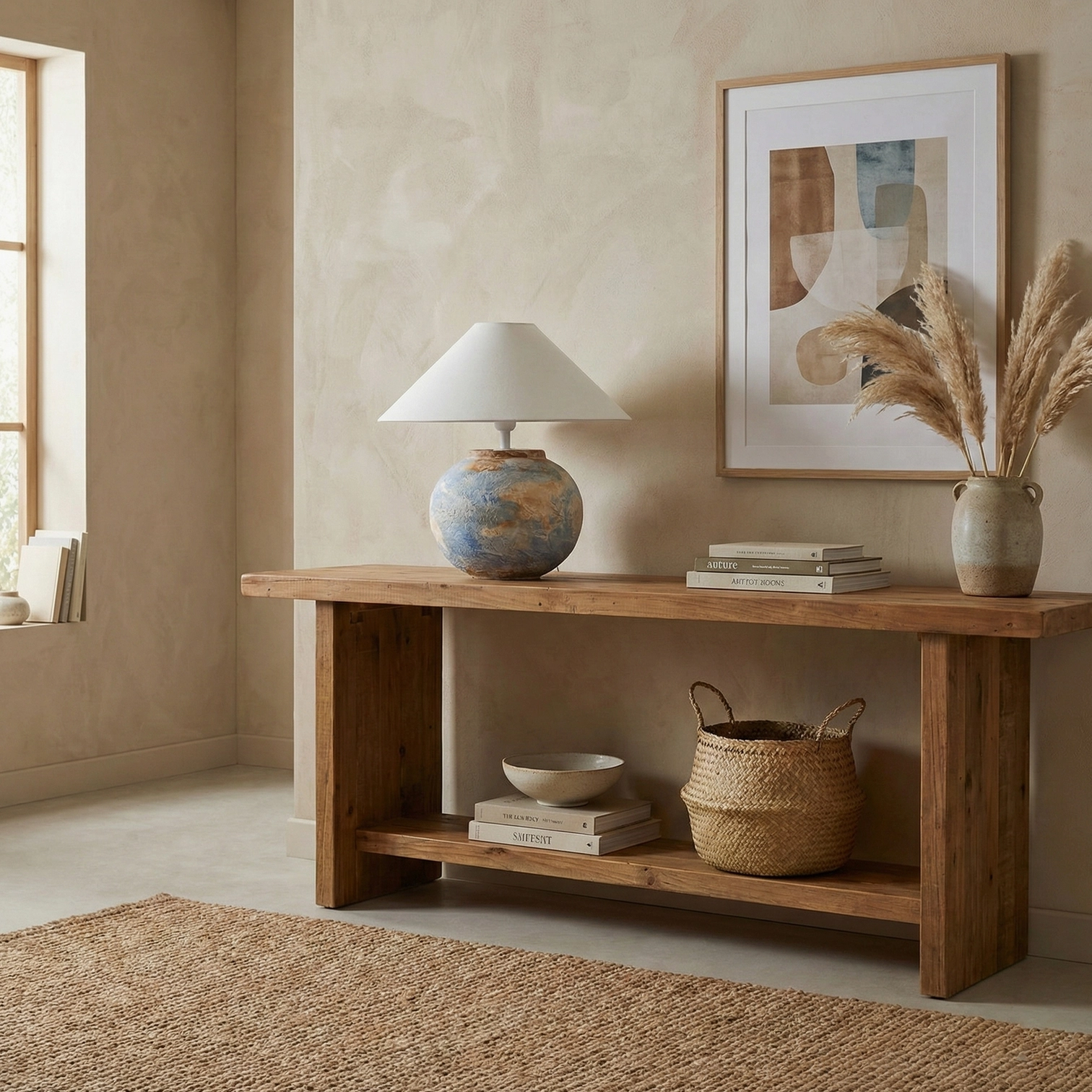 Bailey ceramic table lamp styled in rustic living room with wooden console table decor