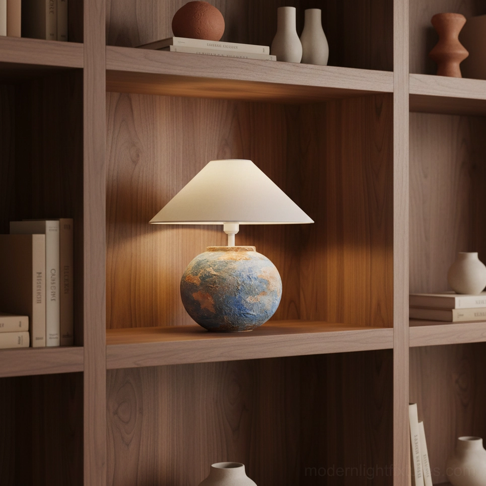 Bailey ceramic table lamp close-up showing hand-textured base with multi-tone color palette