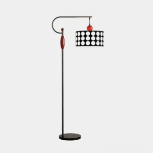 Balance Pivot arc floor lamp with geometric circular cutout shade in black metal, front studio view