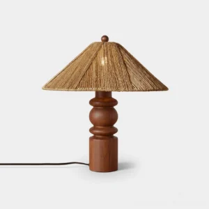 Balance woven straw table lamp with walnut wood turned base direct front view white background