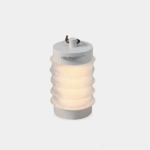 Balia portable rechargeable table lamp with rippled acrylic diffuser and aluminum base, front view on white studio background