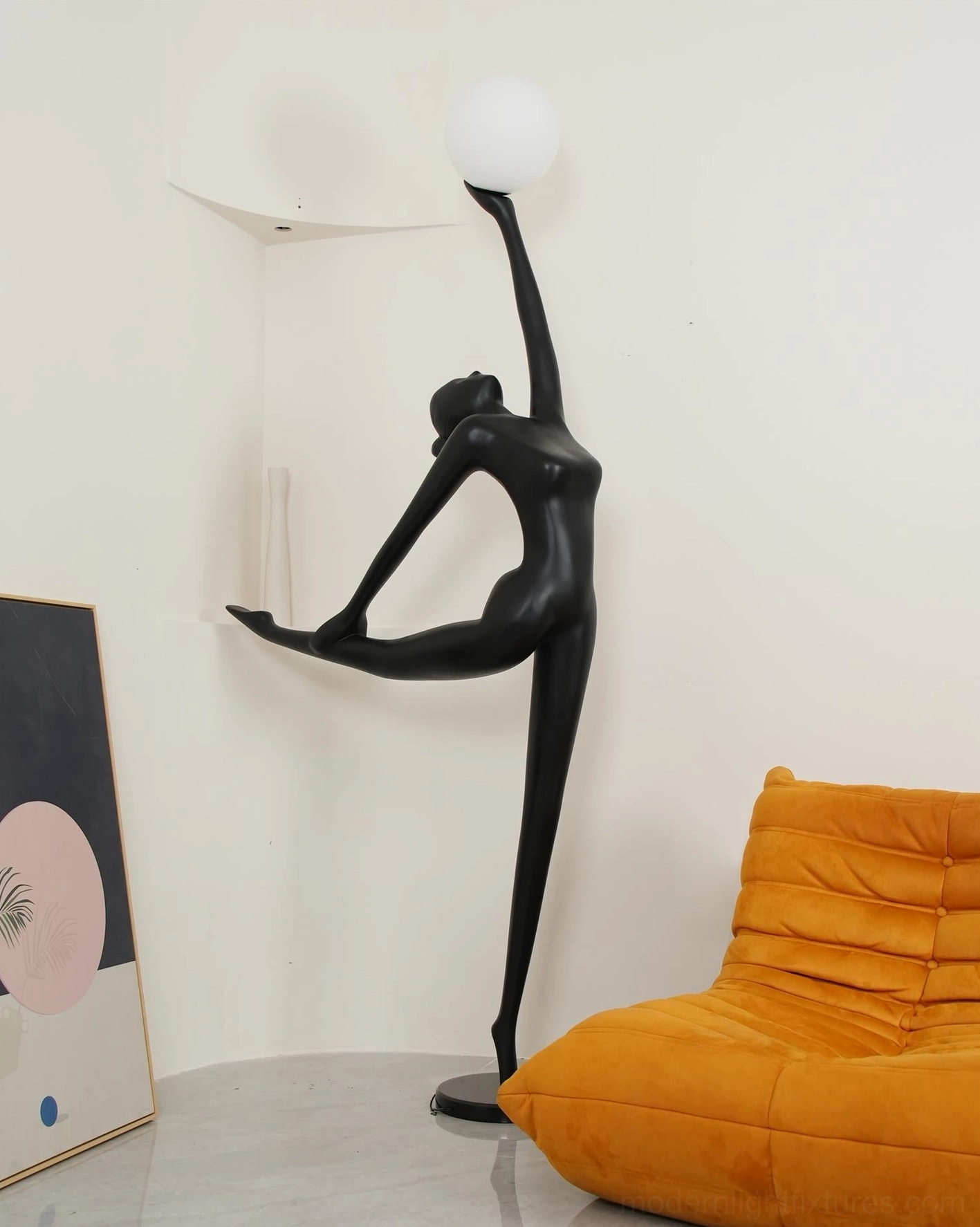 Sculptural ballerina arabesque floor lamp left side view with living room contemporary decor