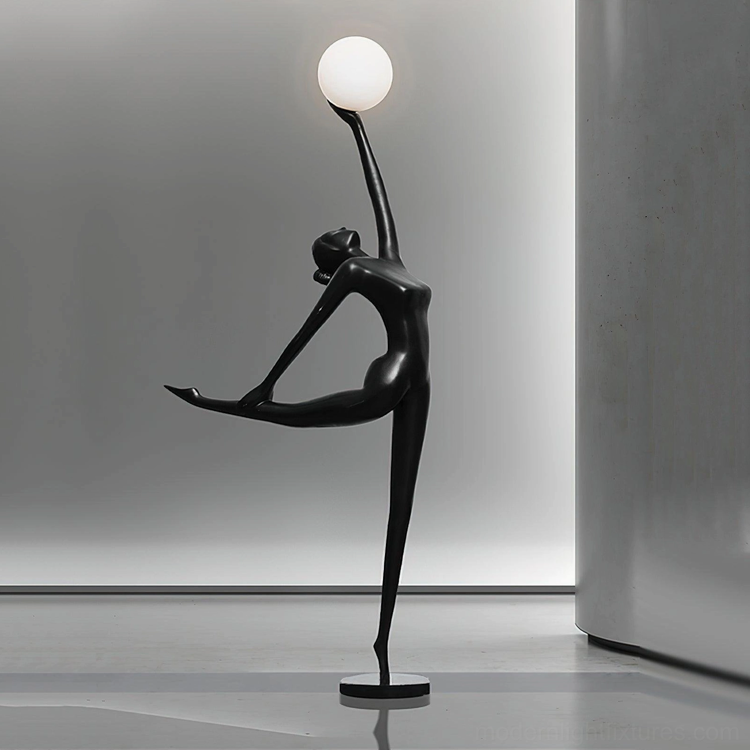Modern sculptural ballerina dancer floor lamp on concrete showroom floor, minimalist concrete setting