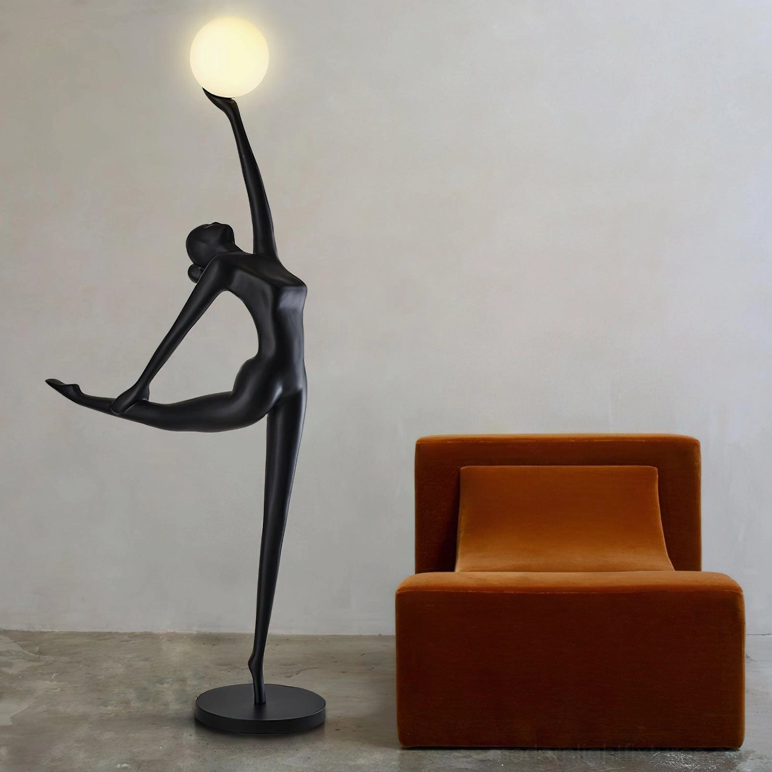 Ballerina floor lamp contemporary art piece black resin dancer with luminous white sphere