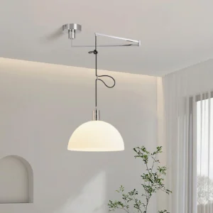 Modern adjustable swing arm dome pendant lamp in minimalist living room with warm neutral décor and bright lighting