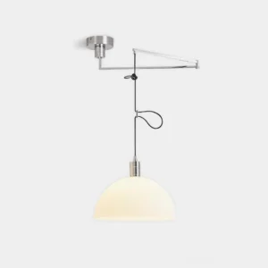 Ballina adjustable swing arm dome pendant light with off-white shade and silver metal hardware, minimalist modern style studio shot
