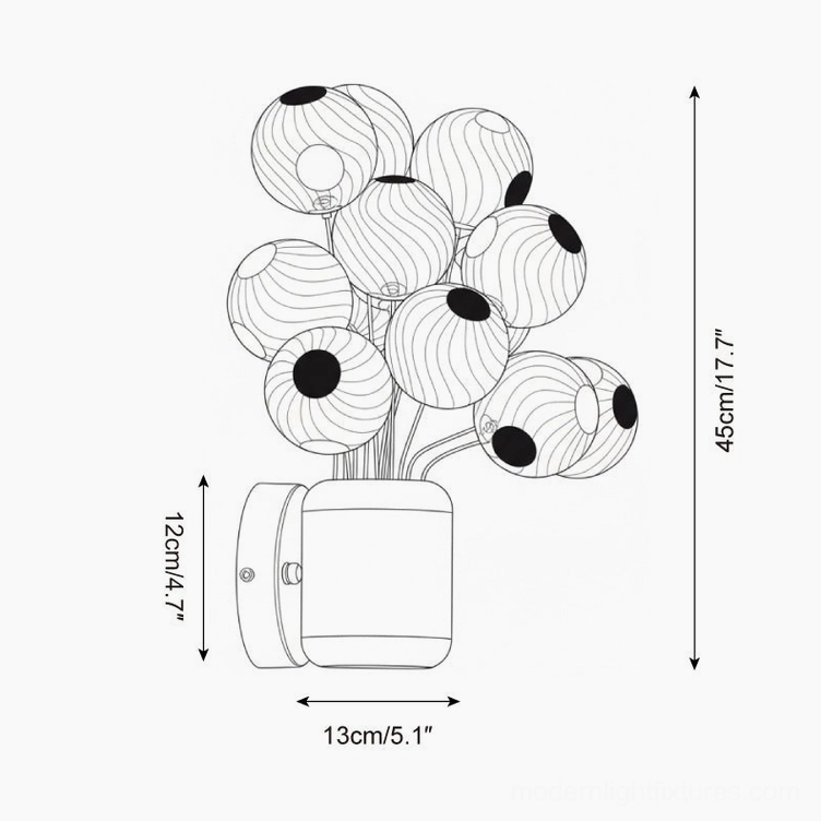 Technical orthographic design drawing and dimension specifications for Balloon Bouquet Wall Sconce wall lamp