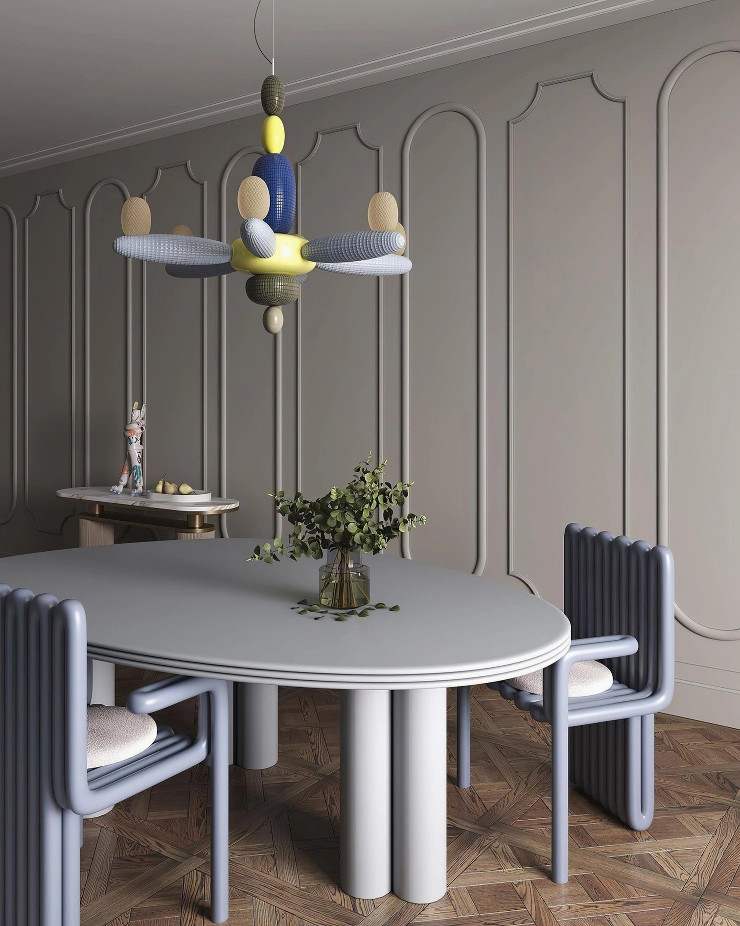 Balloon chandelier in white interior showing complete sculptural form and hanging installation