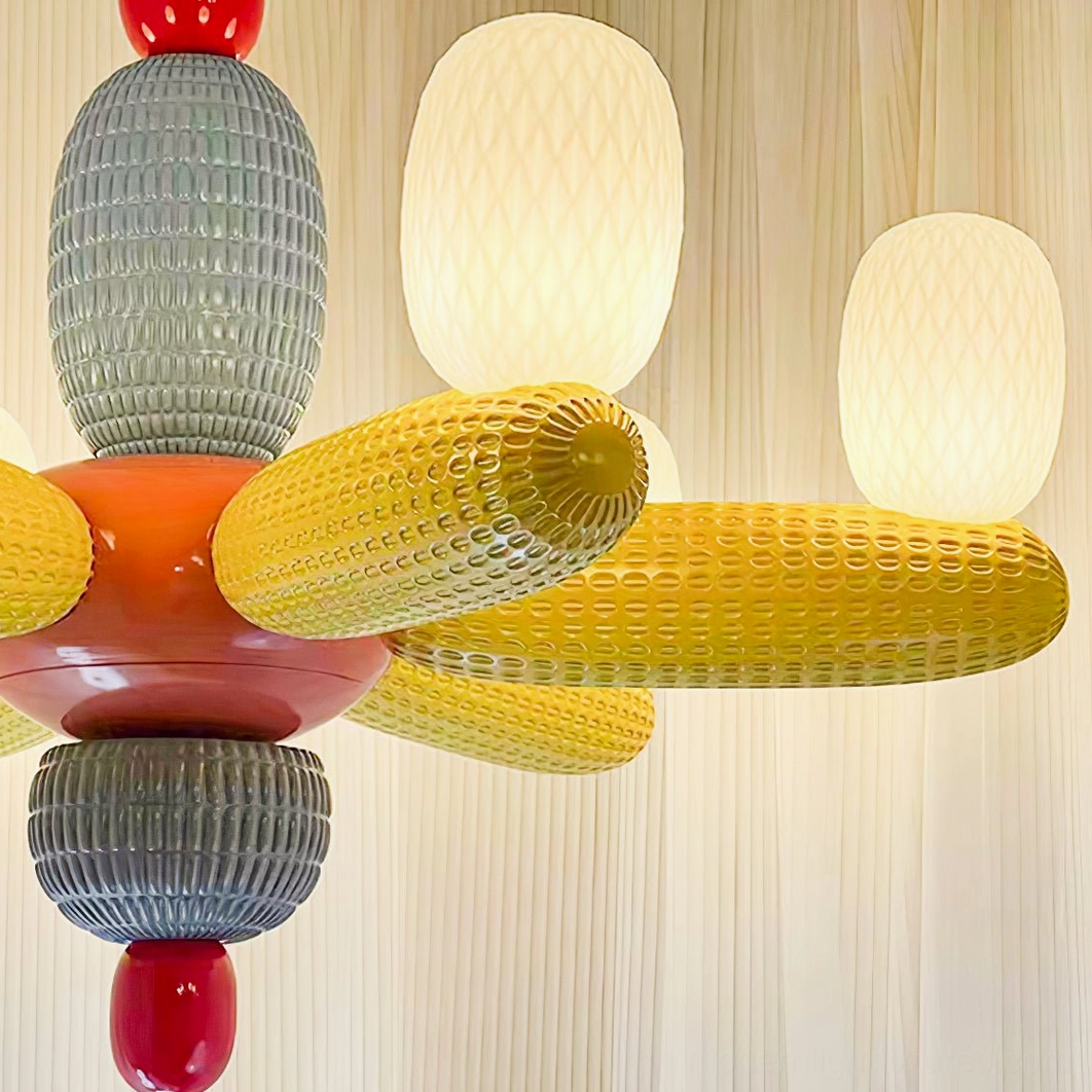 Colorful balloon chandelier pendant showing all glass module arrangement and fabric arms detail