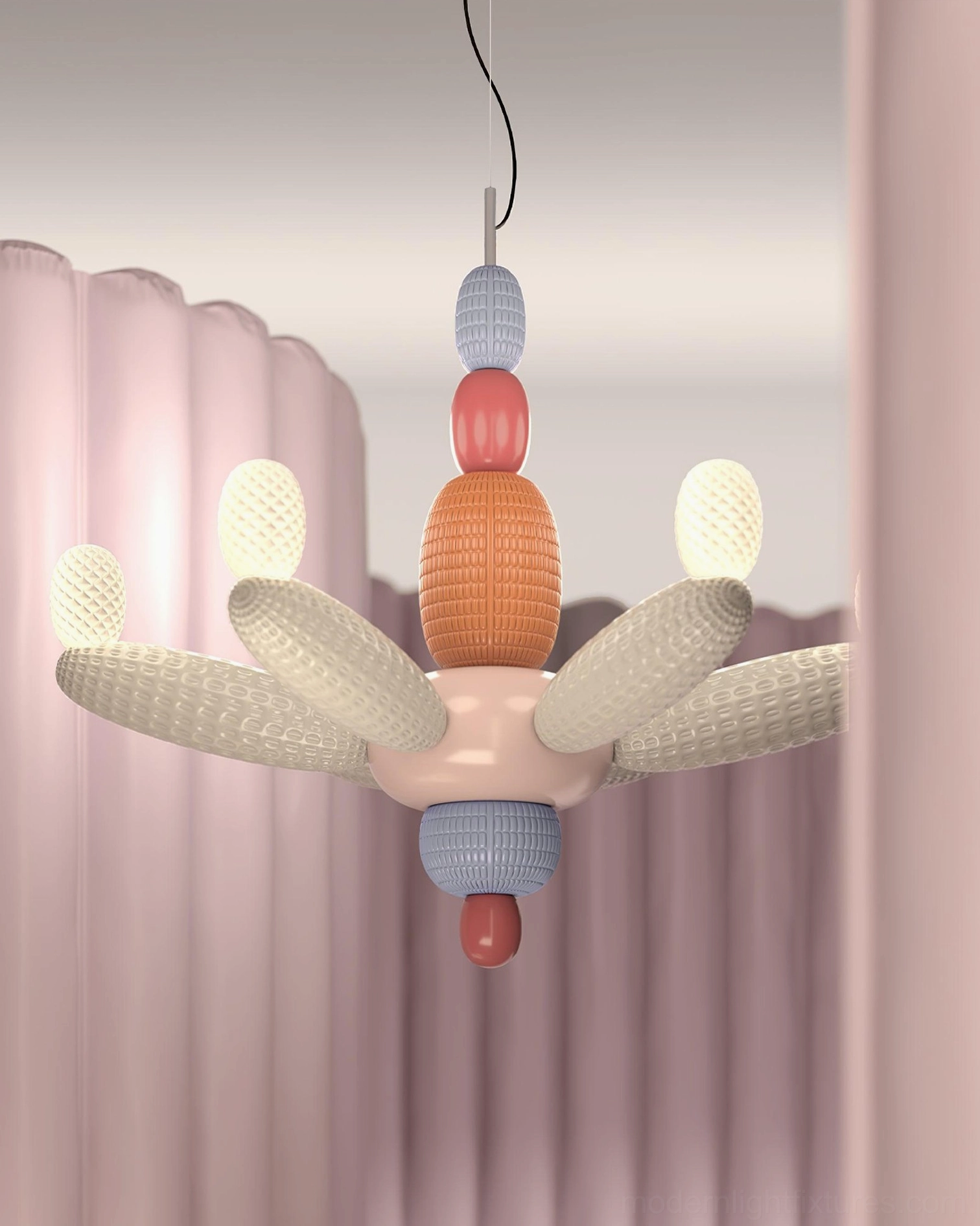 Balloon chandelier showing glossy finish glass shades reflecting light in contemporary interior