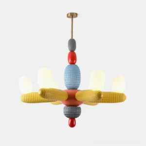 Balloon chandelier front view multicolored hand-blown glass modules with yellow fabric-wrapped arms