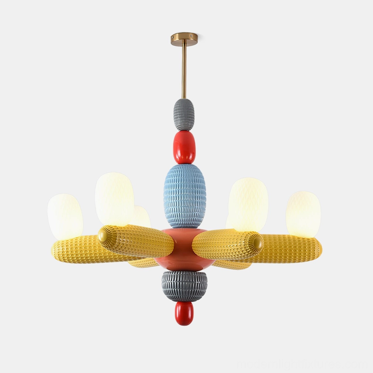 Balloon chandelier front view multicolored hand-blown glass modules with yellow fabric-wrapped arms