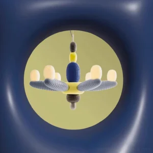 Overhead view of balloon chandelier showing circular aperture and glossy glass shade arrangement
