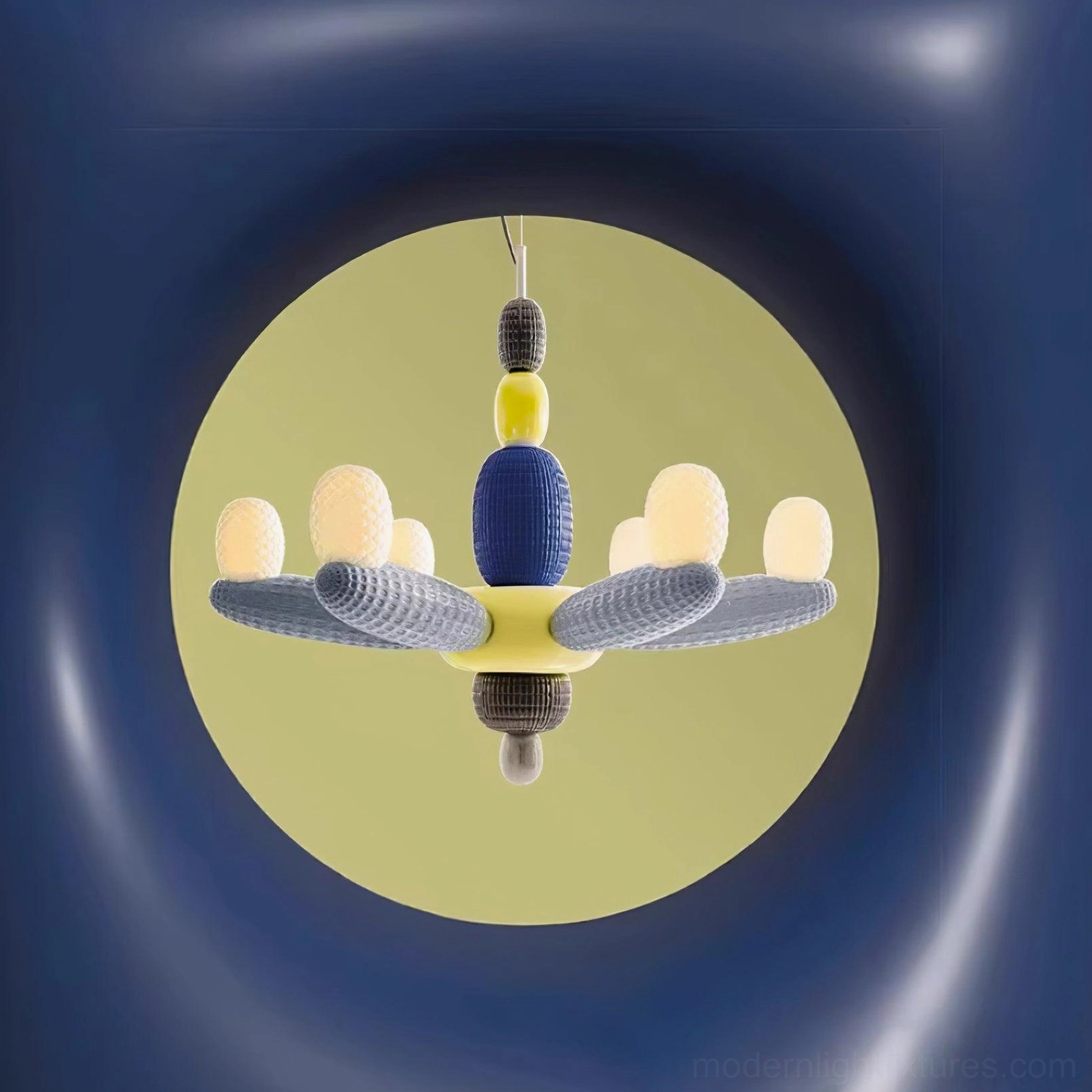 Overhead view of balloon chandelier showing circular aperture and glossy glass shade arrangement