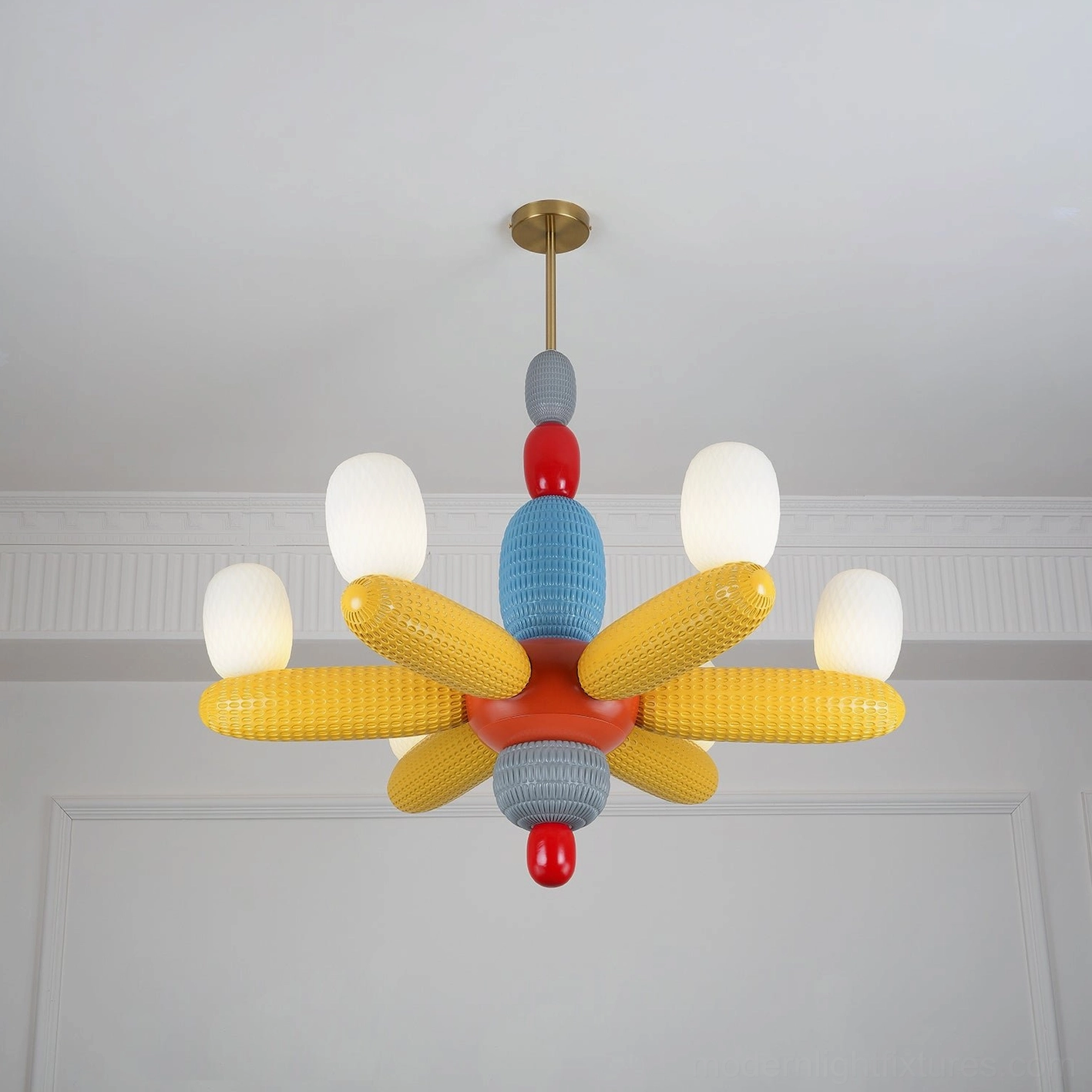 Balloon-style chandelier with six yellow fabric arms and six frosted glass shades white interior