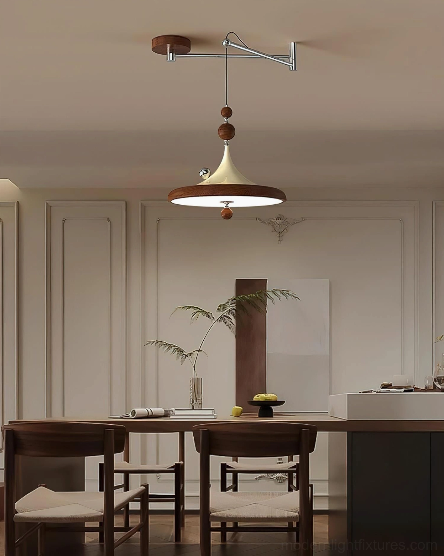 Modern pendant lamp in open-plan kitchen and dining space with walnut wood accents, wide room view demonstrating interior fit