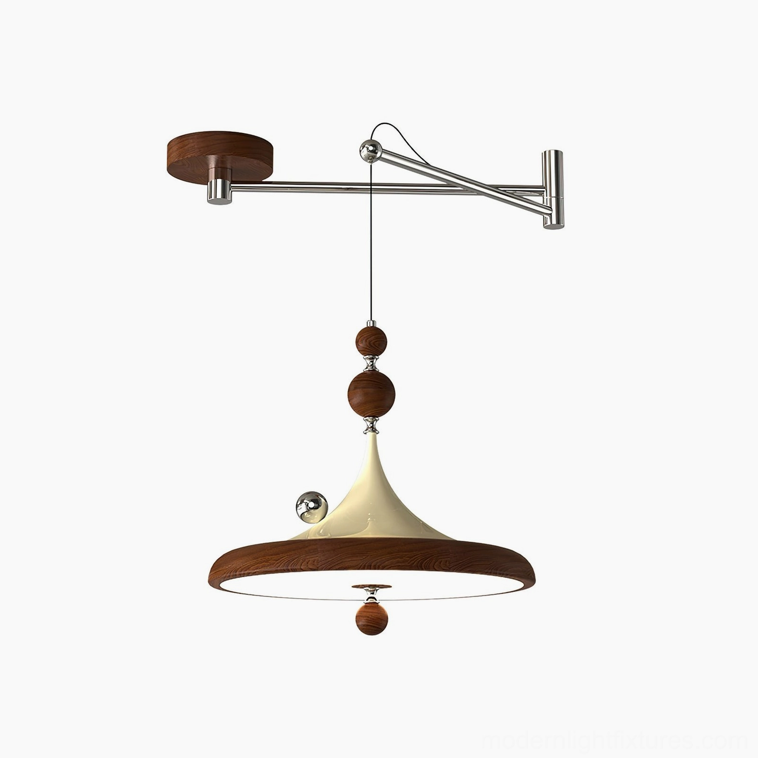 Ballora mid-century modern swing arm pendant light, front studio angle emphasizing elegant tapered neck and flared shade form