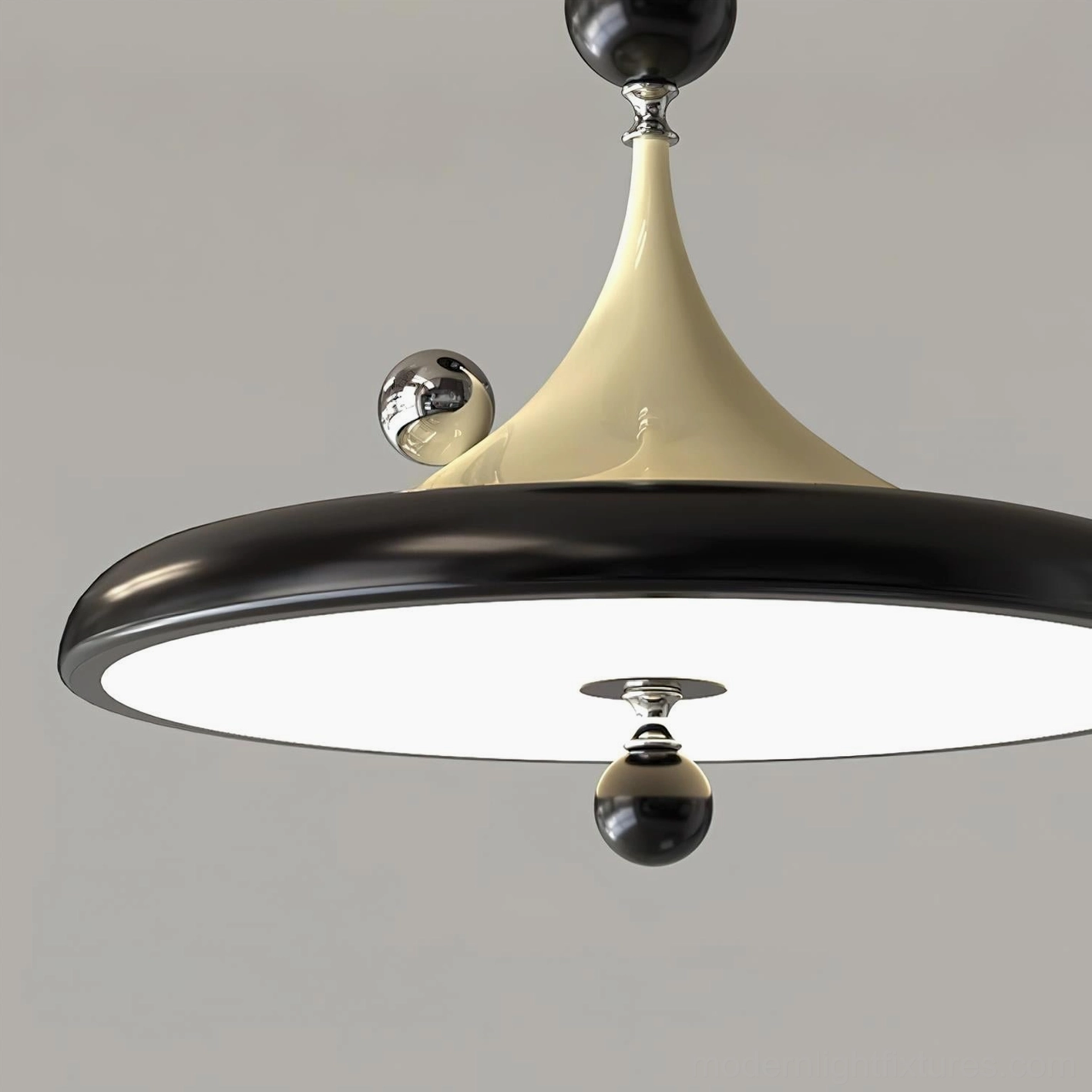 Ballora swing arm pendant light fixture assembly and components, detailed studio view of metal finishes and construction