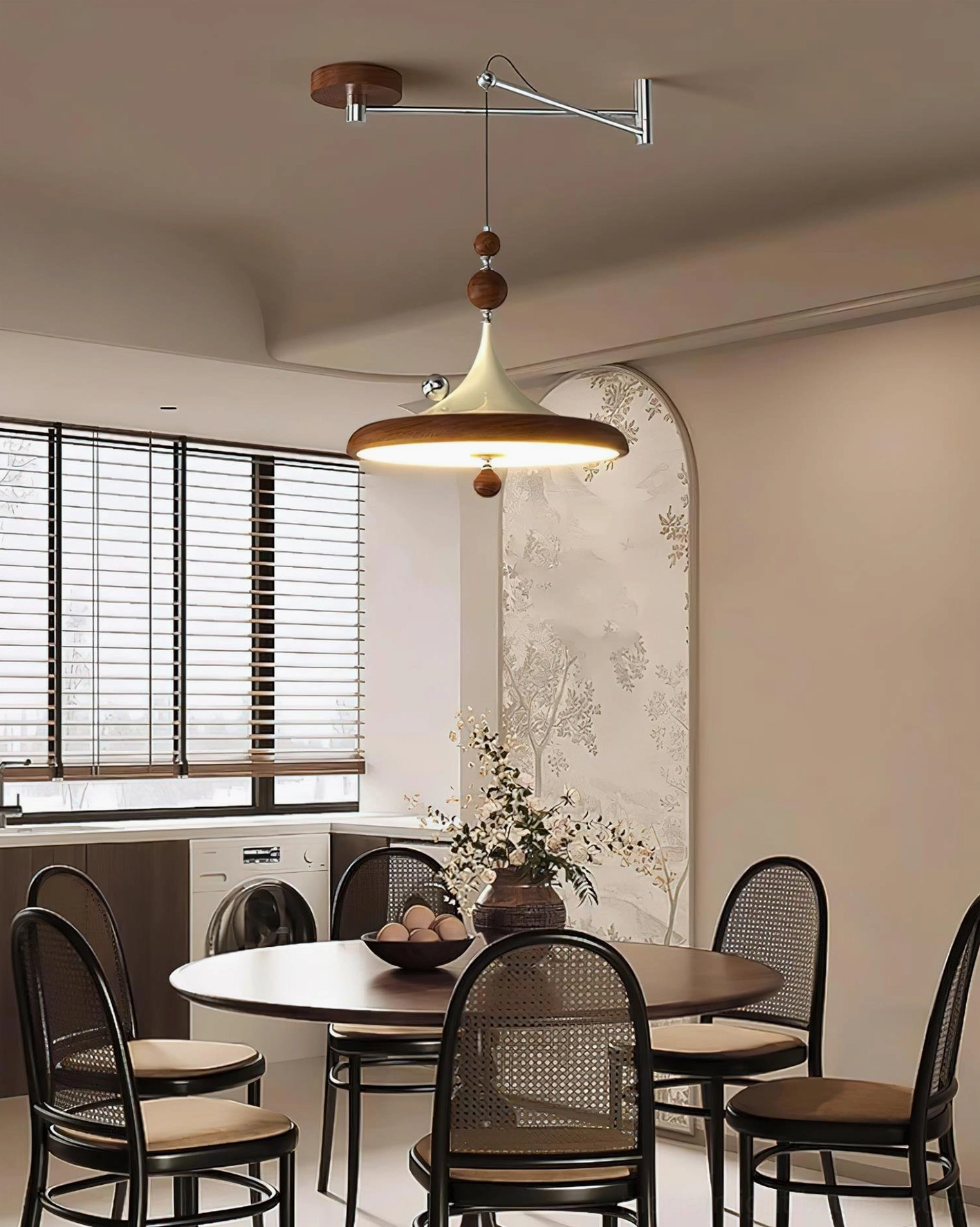 Ballora pendant light installed in vintage dining room with warm neutral decor, overhead view showing installation height and ambiance