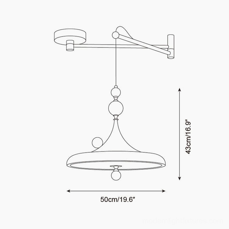Technical specification diagram of Ballora swing arm pendant light 50cm size, orthographic flat view with precise measurements