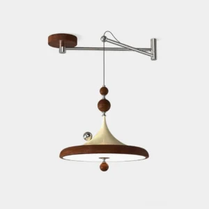 Ballora swing arm pendant light in walnut and beige finish, top-down studio view showcasing the full sculptural silhouette and flared shade design
